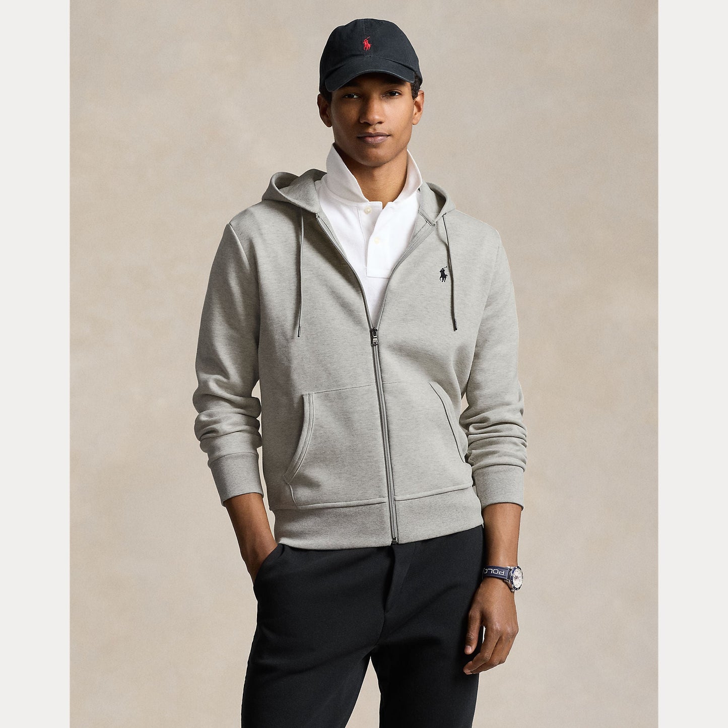 R L Double-Knit Full Zip Hoodie - Grey